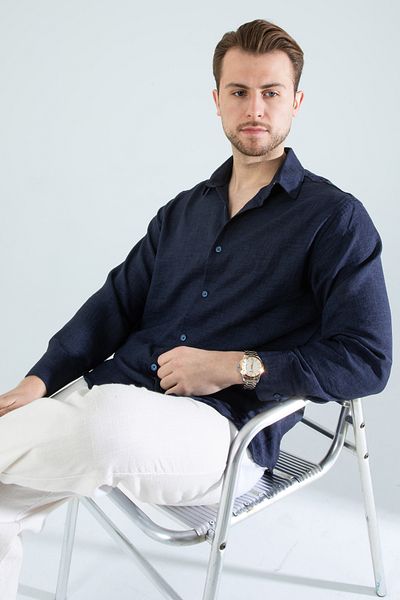 YXC Trend Maker Мъжка риза с дълъг ръкав и текстуриран лен, оверсайз, сезонен размер (ПРОДУКТЪТ Е ШИРОК), тъмносиня