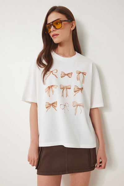 Lovelyİstanbul Printed Cotton Knitted T-Shirt Ecru Lus0126