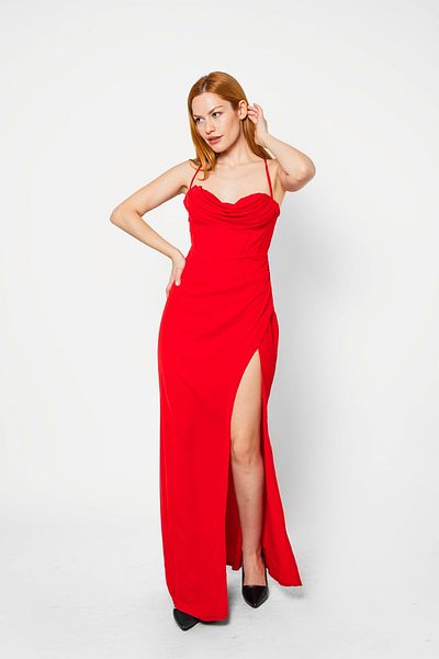 Bak Moda Long Red Dress with Bust Draped Slit Detail Straps