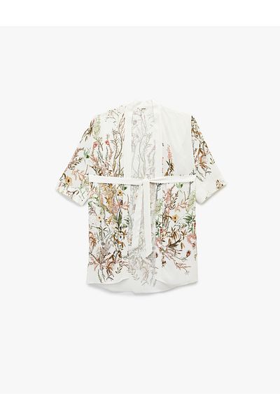 Koton Viscose Fabric Belt Detailed 3/4 Wide Sleeve Floral Kimono Jacket