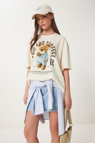 Lovelyİstanbul Teddy Bear Printed Cotton Knitted T-Shirt Cream Lus0125