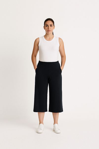 Cottonland Women's Estela Thin Summer Wide Leg Elastic Waist Combed Cotton Capri Pants Black