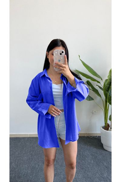 Shiron Sportswear&Company Cămașă de damă Saks Blue, cu umăr liber, oversize, cu buzunar din in, nou sezon