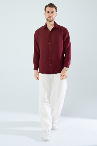 YXC Men's Burgundy Linen Textured Oversize Shirt (Oversized)