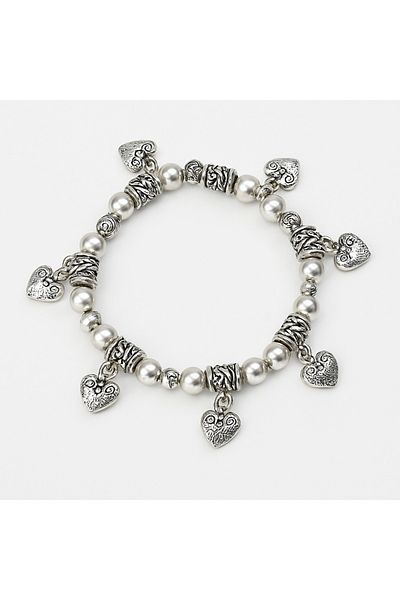ÖZKAHRA TEKSTİL Women's Silver Color Heart Charm Bead Bracelet – Handmade Design