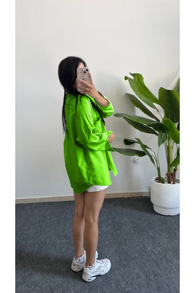 Shiron Sportswear&Company Cămașă de lux, verde, cu umăr jos, oversize, cu buzunar din in