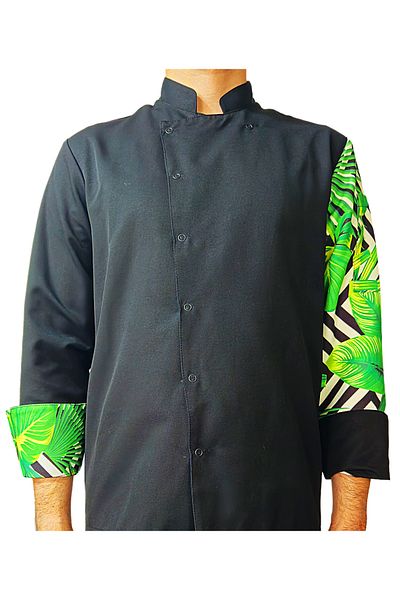 Ant Rotagrup Üniforma ve İş Elbiseleri Unisex Cook Jacket - Print, Snap Fastener, Black Long Sleeve, Chef Kitchen Jacket Green Leaf