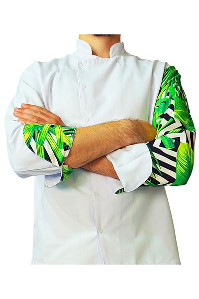 Ant Rotagrup Üniforma ve İş Elbiseleri Chef Jacket Patterned Unisex Snap Fastener White Long Sleeve Chef Cook Kitchen Jacket Green Leaf