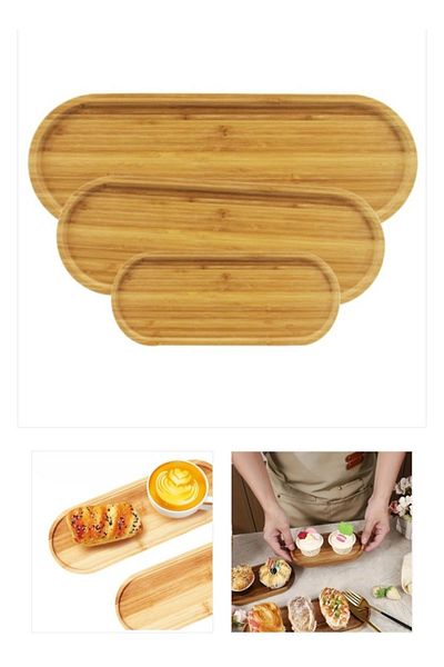Hanedanev 3-Piece Long Oval Wooden Bamboo Look Presentation Tray 3 Sizes Wooden Presentation Holder 8495