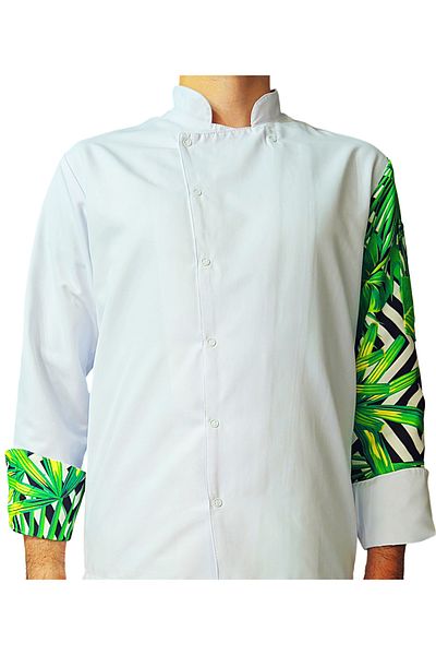 Ant Rotagrup Üniforma ve İş Elbiseleri Chef Jacket Patterned Unisex Snap Fastener White Long Sleeve Chef Cook Kitchen Jacket Green Leaf