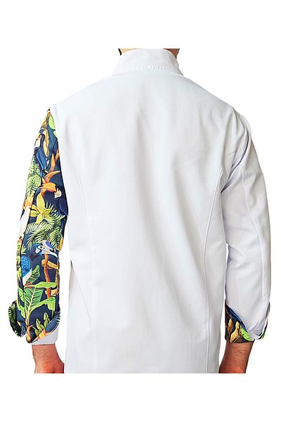 Ant Rotagrup Üniforma ve İş Elbiseleri Chef Jacket Patterned Unisex Snap Fastener White Long Sleeve Chef Cook Kitchen Jacket Tropical Bird