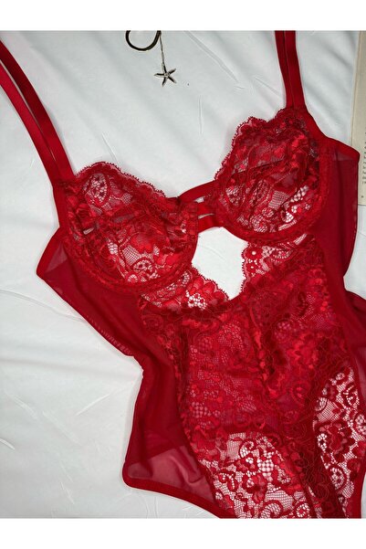 ROZENİN LINGERIE Κόκκινο κορμάκι με δαντέλα χωρίς καπάκι, διαφανές κάτω μέρος