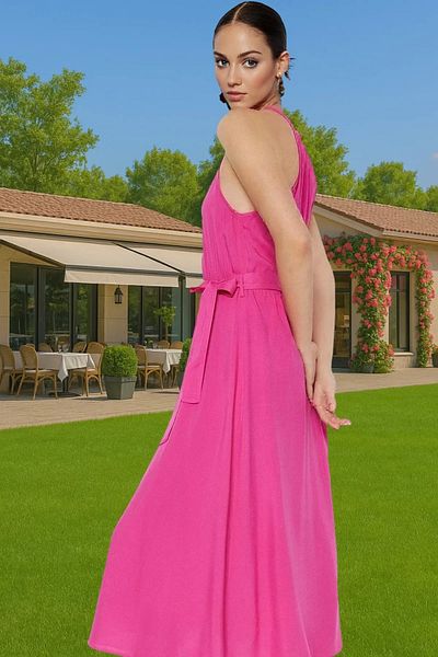PayBuy A-Line Halter Neck Midi Viscose Dress Belted Casual Summer Trending Design for Daily Wear