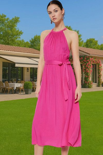PayBuy A-Line Halter Neck Midi Viscose Dress Belted Casual Summer Trending Design for Daily Wear