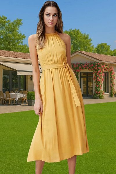 PayBuy A-Line Halter Neck Midi Viscose Dress Belted Casual Summer Trending Design for Daily Wear