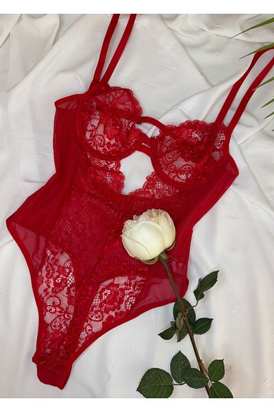 ROZENİN LINGERIE Red Lace Underwire Capless Transparent Bodysuit with Snaps at the Bottom