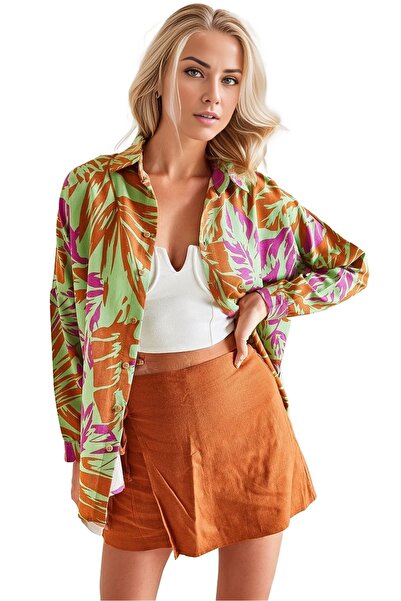 Cassime Γυναικείο πουκάμισο από λινό φούξια πράσινο σχέδιο - με κουμπιά