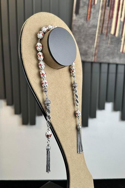 dergah tesbih Handcrafted Silver Design Caged Red Zaza Rosary