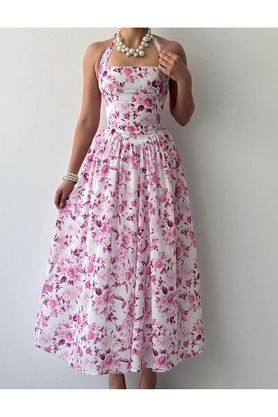 Julidress Rochie premium de lungime midi cu model floral alb roz