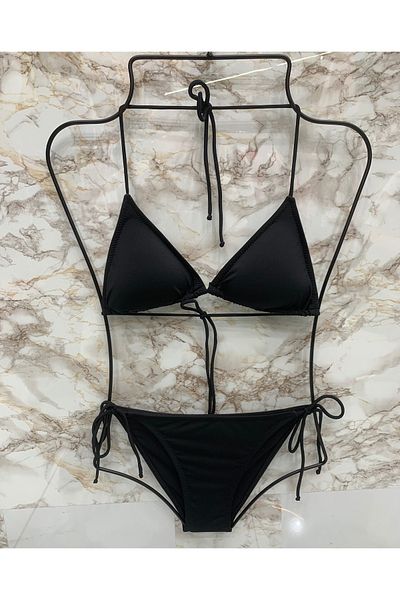 XORVİO Women's Lycra Flexible Side and Neck Tie Stylish Drawstring Triangle Black Bikini Suit