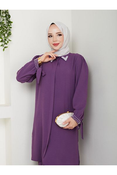 asyadabutik Set Hijab dublu de mărime mare, cu guler și mărgele perle