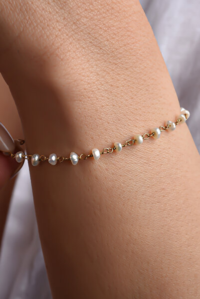 Nox Jewelry 14 Ayar Altın Kaplama Minimal Doğal İnci El Yapımı Gümüş Bileklik...