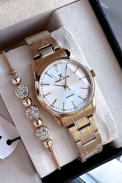 Daniel Klein Small Case Women's Wristwatch 3 Atm Waterproof Gold Color Steel Cord + Bracelet Gift DKBY2010C1
