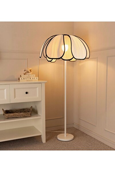 burenze Boheme Modern Tasarım Palm Burenze Dekoratif Lambader Beyaz Gövde Ekru Kumaş Abajur