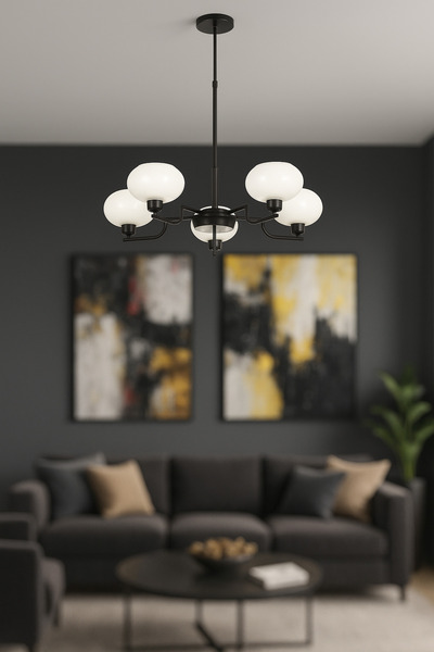 Avizemoda Vanna 5 li Beyaz Camlı Salon Oturma Odası Modern Sarkıt Avize - (Siyah)