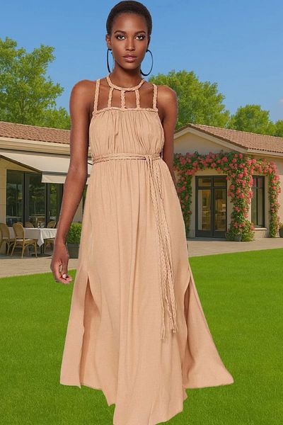 PayBuy Maxi Woven Cotton Beach Dress Crew Neck Tie-Up Summer High Quality Modern Style