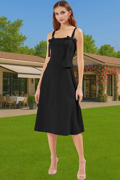 PayBuy Women's A-Line Bow Detail Midi Dress Woven Summer Graduation Modern Style Comfortable and Stylish