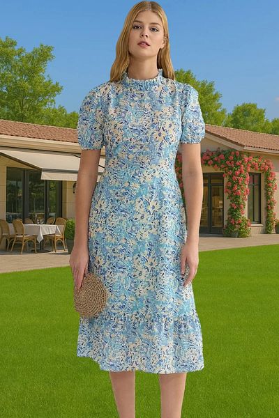 PayBuy A-Line Midi Length Ruffled Floral Woven Dress Summer Casual Professional Look High Quality