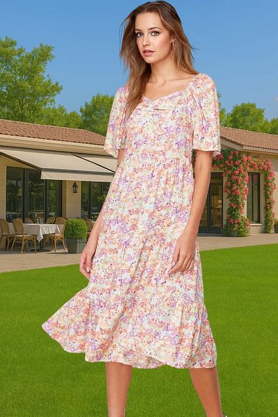PayBuy Summer A-Line Balloon Sleeves Floral Print Midi Viscose Dress Trendy Design for Daily Wear