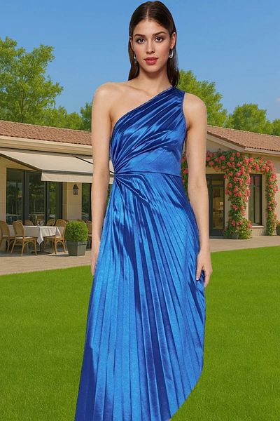 PayBuy Asymmetric Collar One Shoulder Pleat Dress Satin Knitted Midi Length Professional Appearance Durable Material