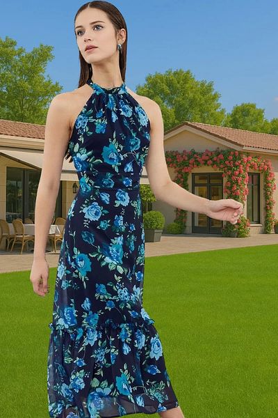 PayBuy A-Line Floral Print Chiffon Midi Dress Halter Neckline Lined Summer Long Lasting for Daily Wear