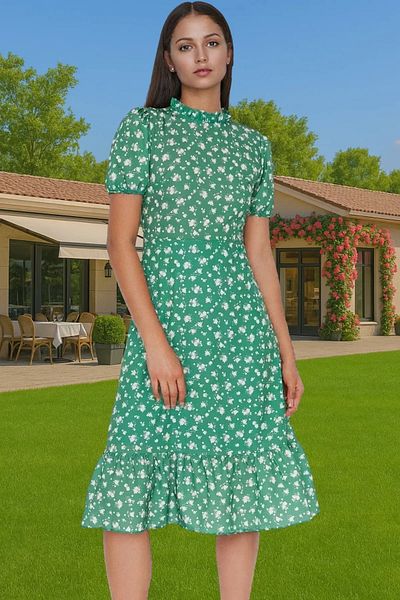 PayBuy A-Line Midi Length Ruffled Floral Woven Dress Summer Casual Professional Look High Quality