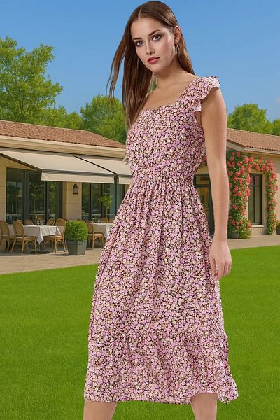 PayBuy Floral Pattern A-Line Midi Viscose Dress Shirring Sleeveless Summer Durable Material Professional Look