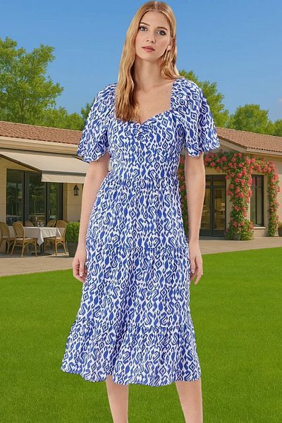 PayBuy Summer A-Line Balloon Sleeves Floral Print Midi Viscose Dress Trendy Design for Daily Wear