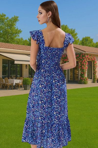 PayBuy Floral Pattern A-Line Midi Viscose Dress Shirring Sleeveless Summer Durable Material Professional Look