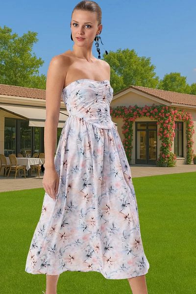PayBuy Strapless Floral Poplin Midi Evening Dress Summer Graduation Comfortable and Stylish High Quality High Quality