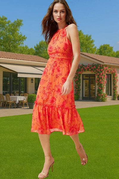 PayBuy A-Line Floral Print Chiffon Midi Dress Halter Neckline Lined Summer Long Lasting for Daily Wear