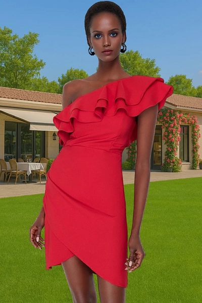PayBuy One Shoulder Flywheel Detail Mini Dress Woven Fabric Modern Style for Special Occasions Perfect Fit