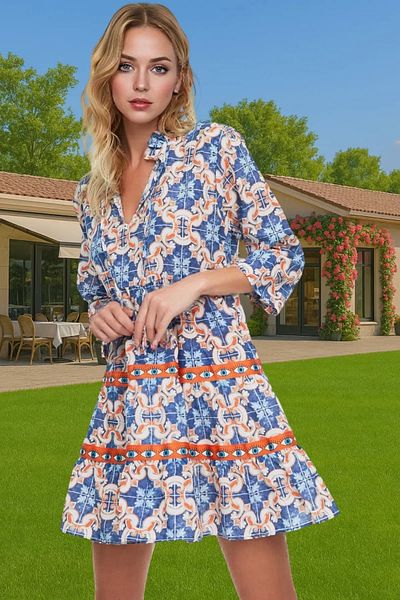 PayBuy Mini rochie de plajă din bumbac cu modele etnice de vară, cu decolteu în V, mâneci balon, de lungă durată, calitate premium