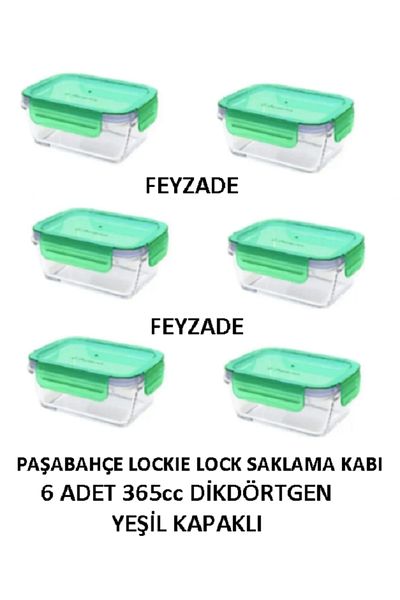 Paşabahçe Feyzade Lockie Look Lock Cover Rectangular Glass Storage Container Green 6 Pieces 530093 365Cc