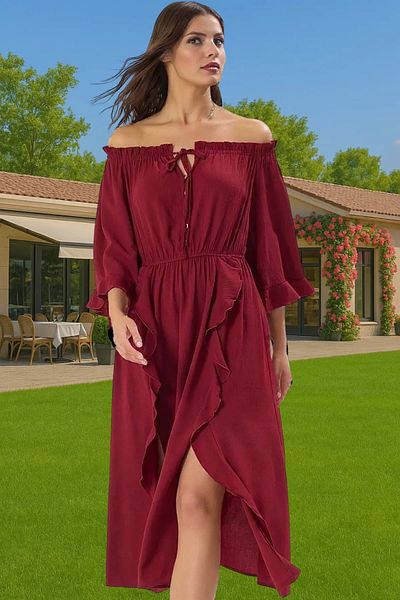 PayBuy Women's Off Shoulder Maxi Beach Dress Crinkle Woven Viscose Summer Comfortable and Stylish Distinguished Material