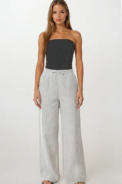 VAGGON Women's Stone Double Pocket Striped Muslin Palazzo Trousers Vs00197