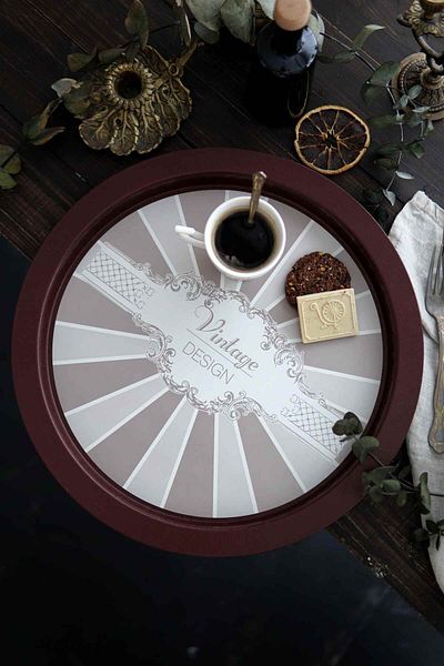EVLE Elegance Patterned Round Metal Tray - Tea Coffee Tray - Presentation Tray 37 Cm Ee163-8b