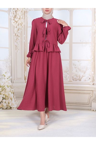 Modamorfo Lace-Up Front Sleeve Elastic Skirt Suit - Burgundy