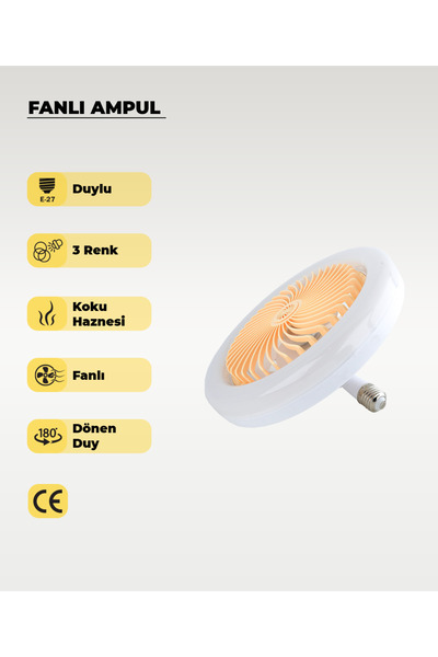 AC AYDINLATMA 30W Fanlı Led Ampul / 3 Renk Işık / 3 Hız Fanlı Sarı Kasa  - Ku...