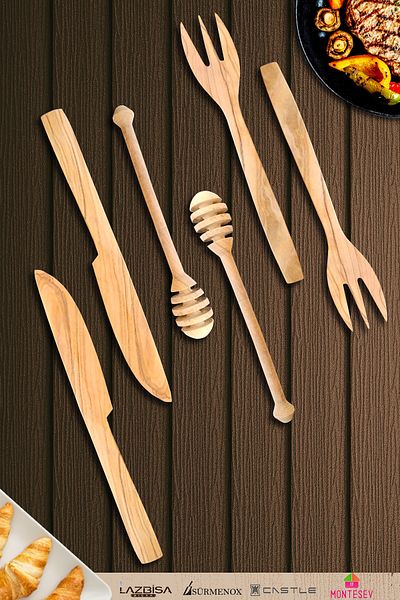 MONTESEV Olive Wood Wooden Board Honey Jam Spoon Breakfast Fork Breakfast Knife Set